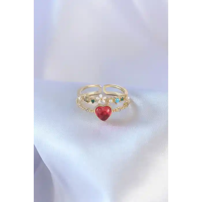 Gold Renk Kırmızı Zirkon Taş Kalp Model Pirinç Kadın Yüzük