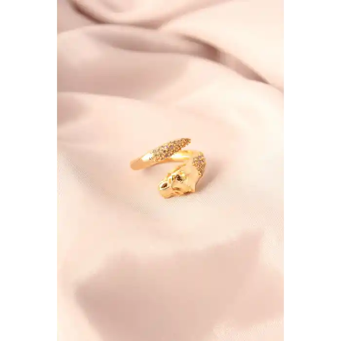 Gold Renk Metal Zirkon Taşlı Kaplan Model Ayarlanabilir Kadın Yüzük