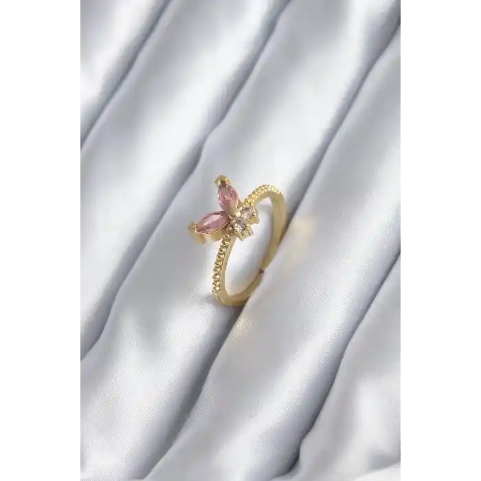 Gold Renk Pembe Zirkon Taşlı Kelebek Model Kadın Yüzük