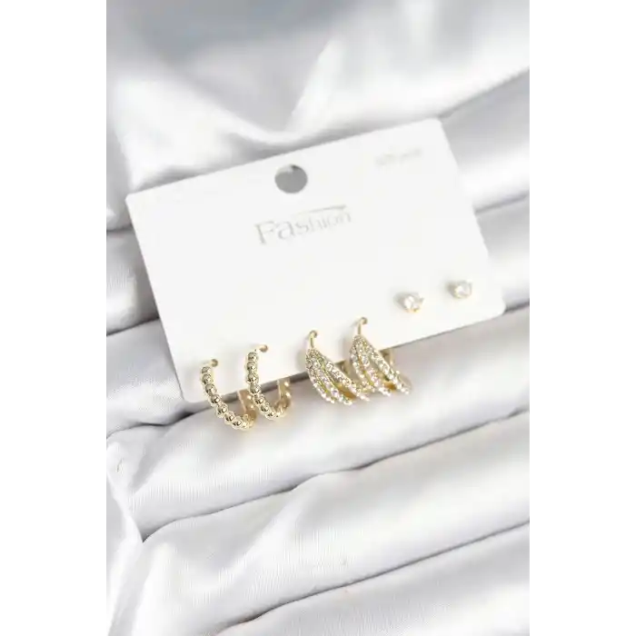 Gold Renk Pirinç 925 Ayar Gümüş Çivili Kadın Küpe Seti