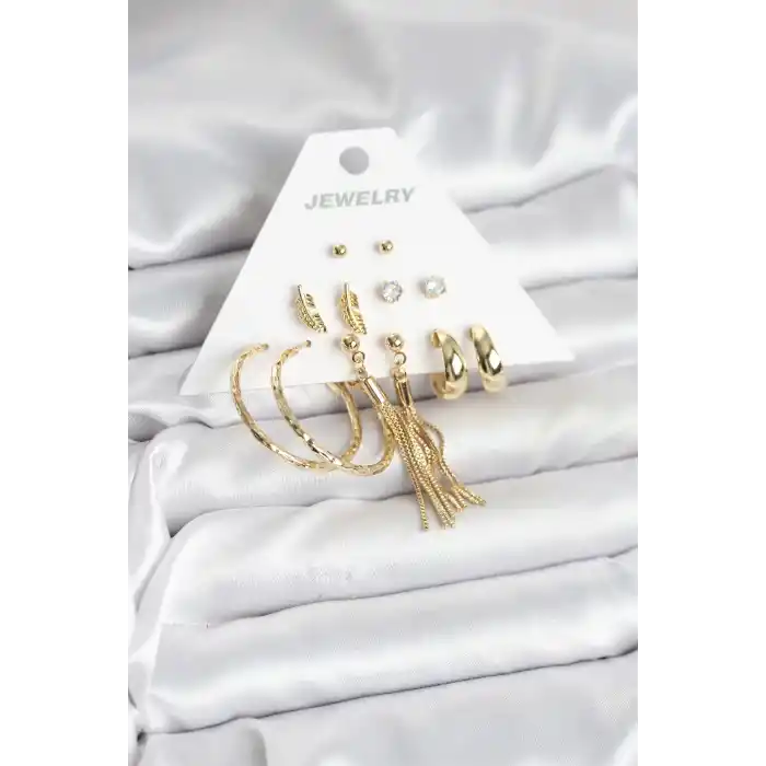 Gold Renk Pirinç Kadın 6 Çift Küpe Seti