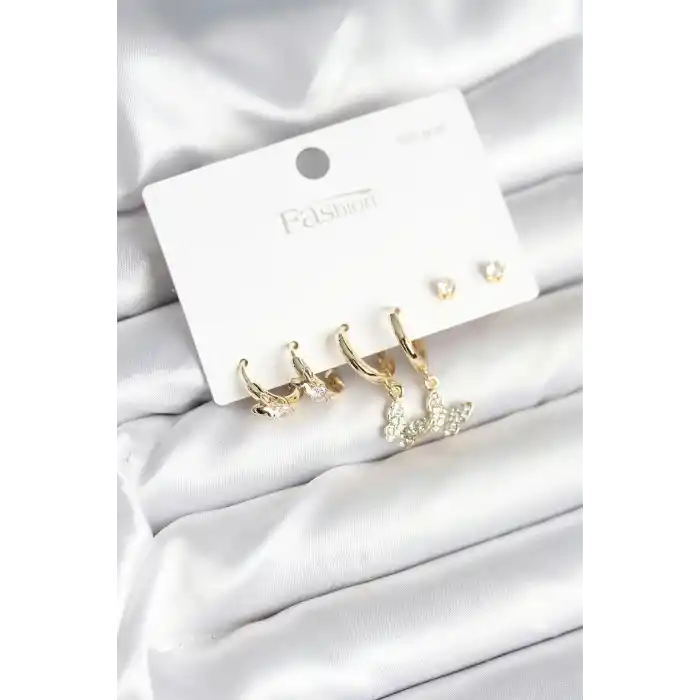 Gold Renk Pirinç Kelebek Model 925 Ayar Gümüş Çivili Kadın Küpe Seti