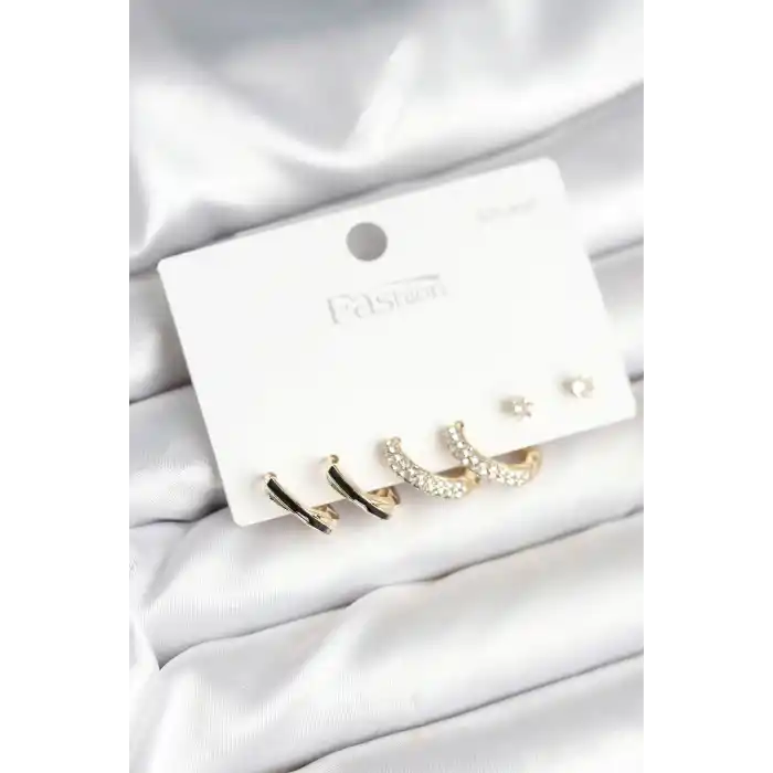 Gold Renk Pirinç Zirkon Taşlı 925 Ayar Gümüş Çivili Kadın Küpe Seti