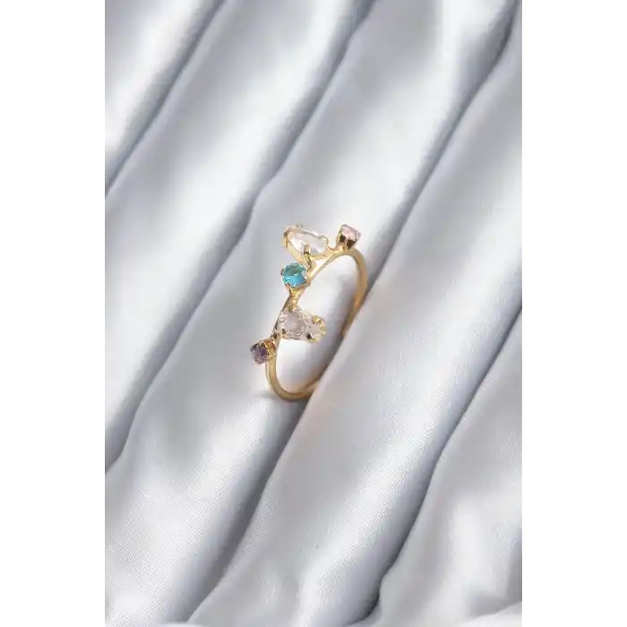 Gold Renk Renkli Zirkon Taşlı Kadın Yüzük
