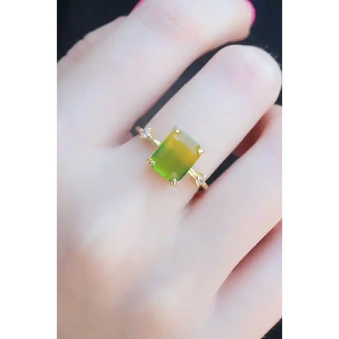 Gold Renk Renkli Zirkon Taşlı Pirinç Kadın Yüzük