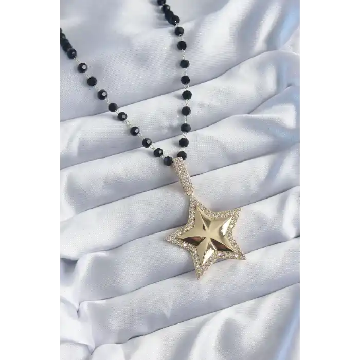 Gold Renk Siyah Boncuk Zirkon Taşlı Yıldız Model VİP Seri Kadın Kolye