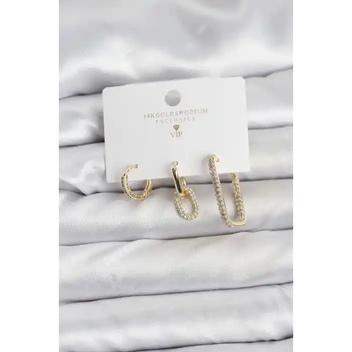 Gold Renk Zirkon Taşlı 3lü Kadın Küpe Seti
