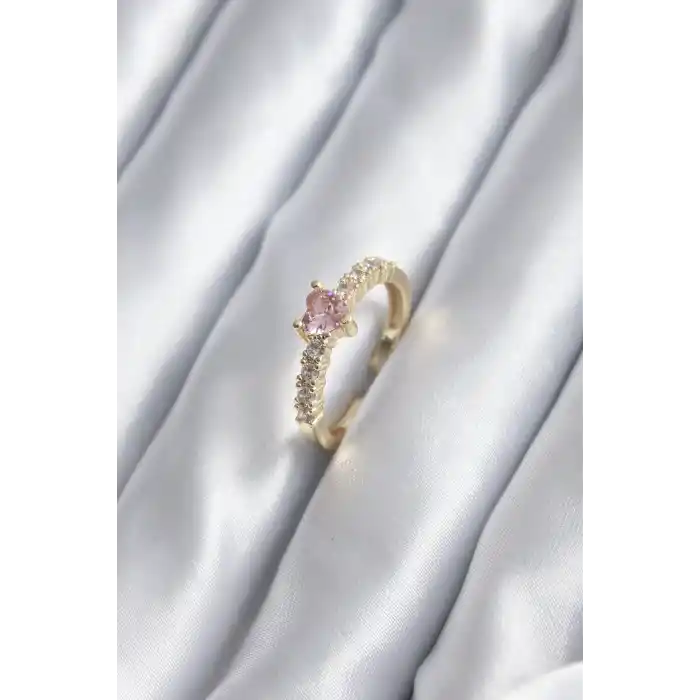 Gold Renk Zirkon Taşlı Pembe Kristal Kalp Model Kadın Yüzük