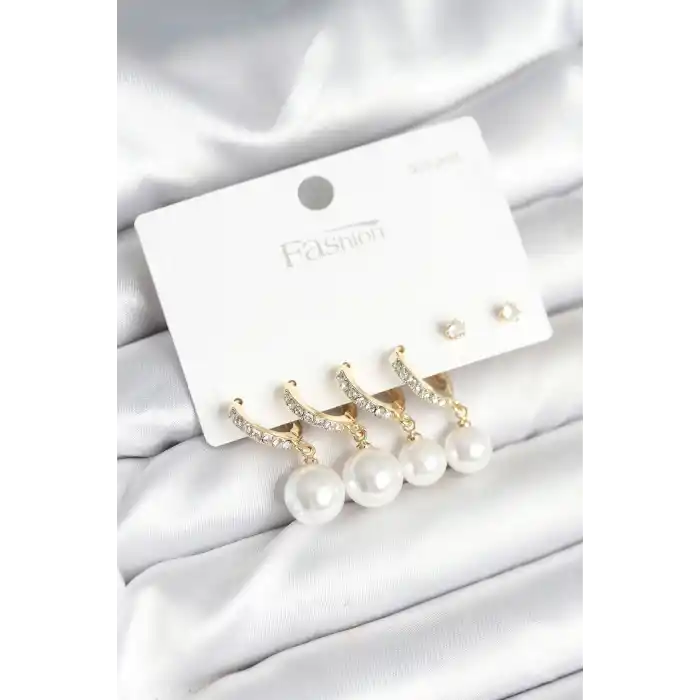 Gold Renk Zirkon Taşlı Pirinç İncili 925 Ayar Gümüş Çivili Küpe Seti