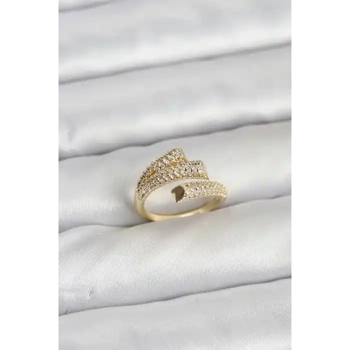 Gold Renk Zirkon Taşlı Pirinç Kadın Yüzük