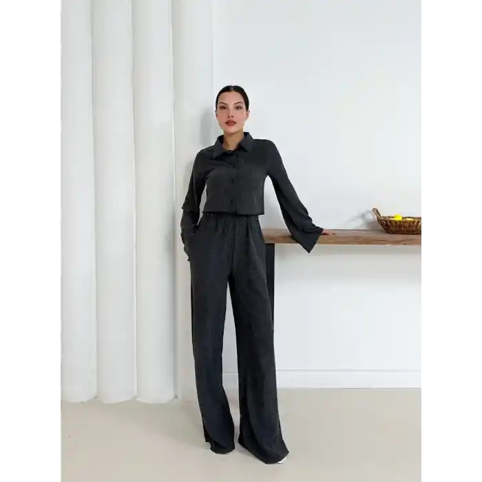 Gömlek yaka kaplama düğmeli takım antrasit st265866