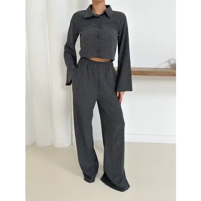 Gömlek yaka kaplama düğmeli takım antrasit st265866