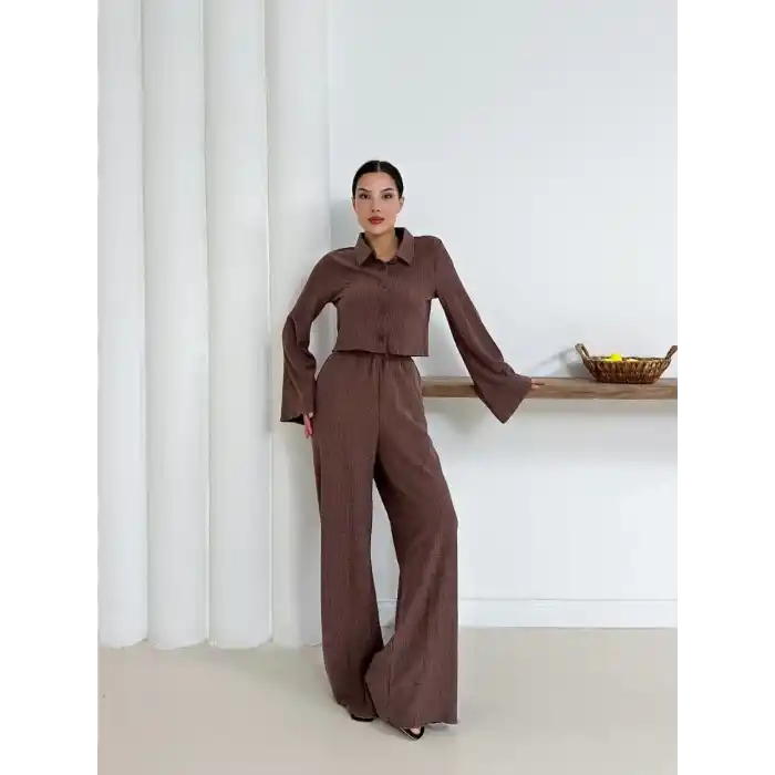 Gömlek yaka kaplama düğmeli takım kahve st265866