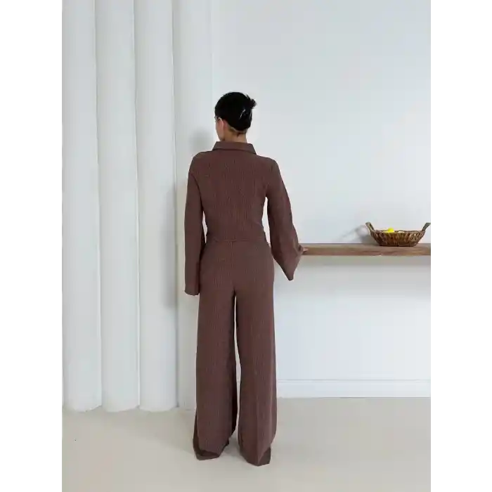 Gömlek yaka kaplama düğmeli takım kahve st265866