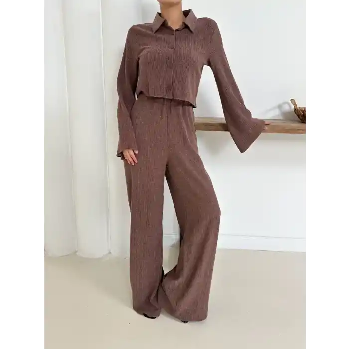 Gömlek yaka kaplama düğmeli takım kahve st265866