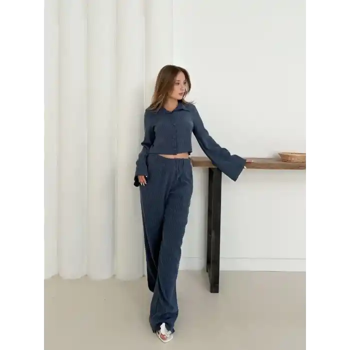 Gömlek yaka kaplama düğmeli takım lacivert st265866