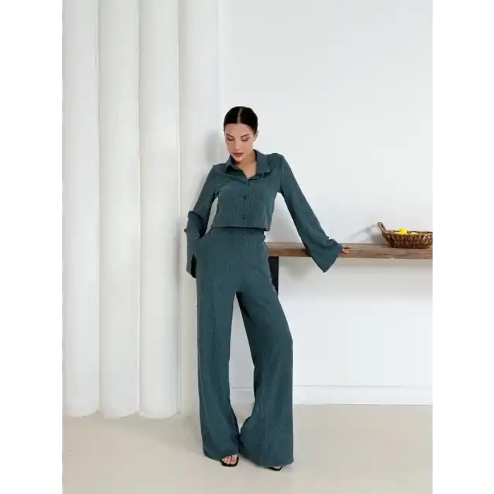 Gömlek yaka kaplama düğmeli takım petrol yeşili st265866