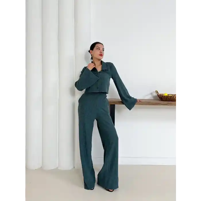 Gömlek yaka kaplama düğmeli takım petrol yeşili st265866