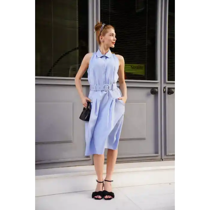 Gömlek yaka kemerli elbise mavi s255061