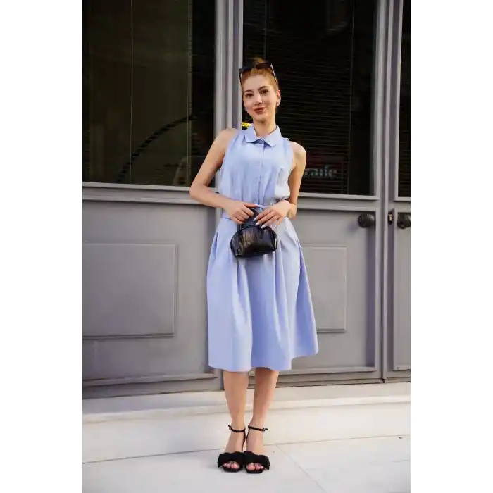 Gömlek yaka kemerli elbise mavi s255061