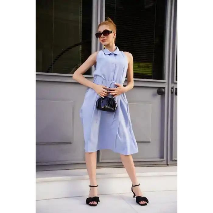 Gömlek yaka kemerli elbise mavi s255061