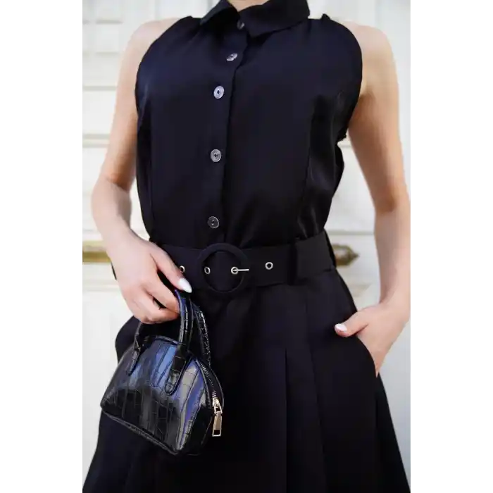 Gömlek yaka kemerli elbise siyah s255061