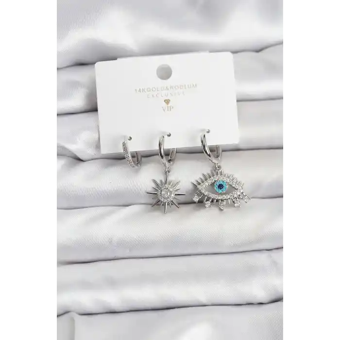 Göz Model Gümüş Renk Pirinç 3lü Kadın Küpe Seti