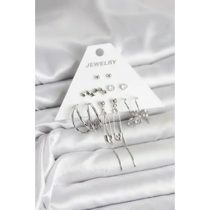 Gümüş Renk 6lı Pirinç Küpe Seti