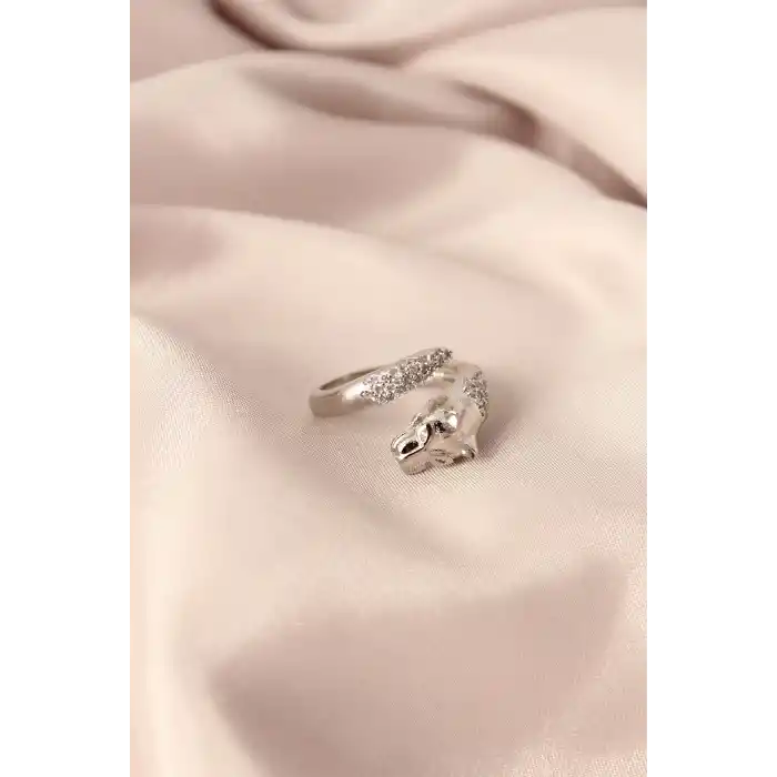 Gümüş Renk Metal Zirkon Taşlı Kaplan Model Ayarlanabilir Kadın Yüzük