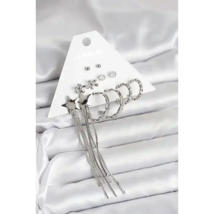 Gümüş Renk Pirinç 6 Çift Kadın Küpe Seti