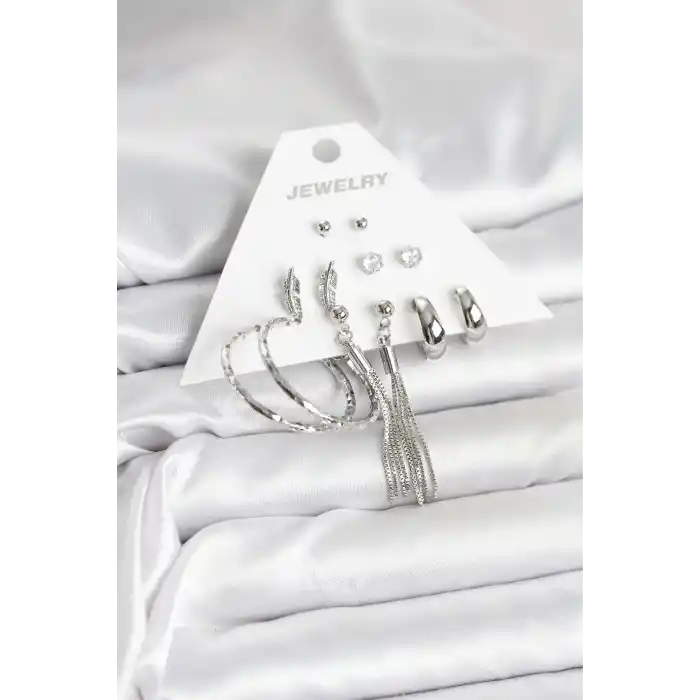 Gümüş Renk Pirinç 6 Çiftli Kadın Küpe Seti