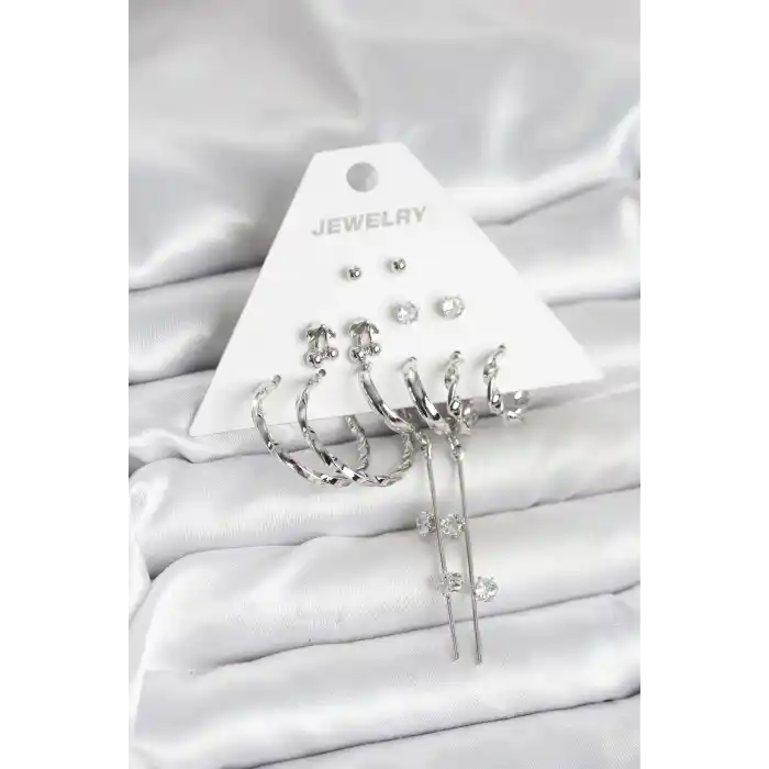 Gümüş Renk Pirinç 6lı Kadın Küpe Seti