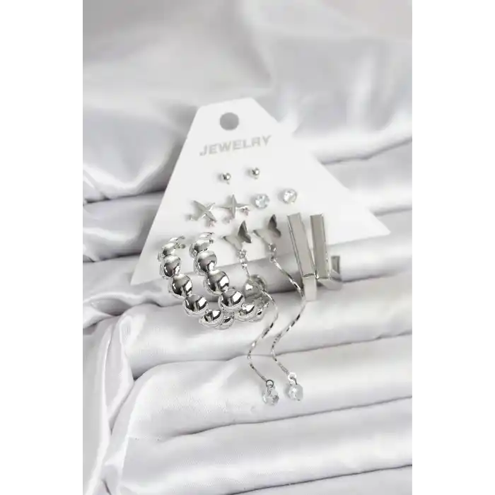 Gümüş Renk Pirinç 6lı Kadın Küpe Seti
