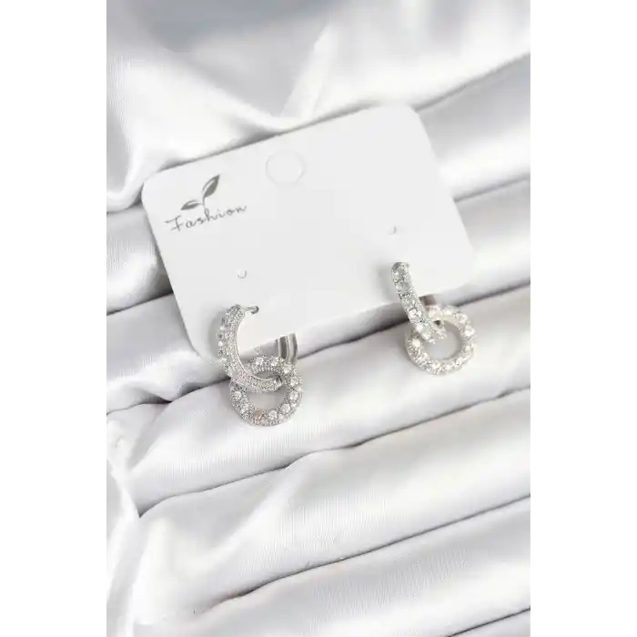 Gümüş Renk Pirinç Zirkon Taşlı Halka Model Kadın Küpe