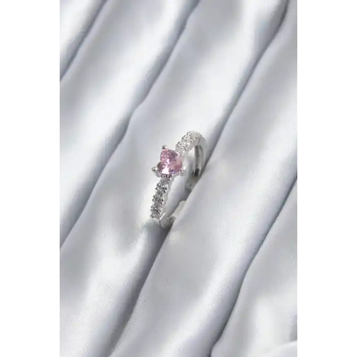 Gümüş Renk Zirkon Taşlı Pembe Kristal Kalp Model Kadın Yüzük