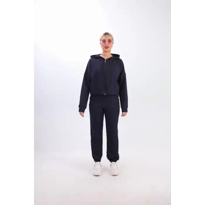 iki iplik Kapüşonlu Fermuarlı Crop Oversize Hırka Takım- Lacivert
