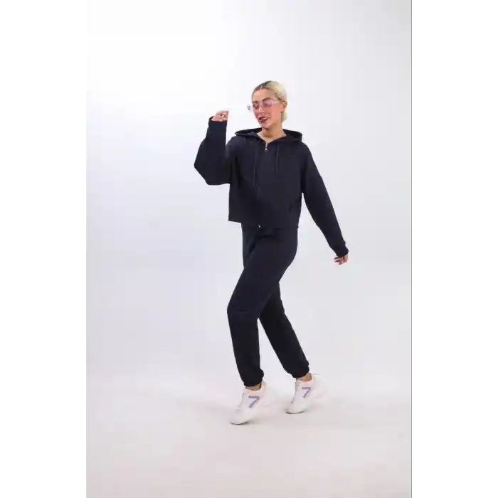 iki iplik Kapüşonlu Fermuarlı Crop Oversize Hırka Takım- Lacivert