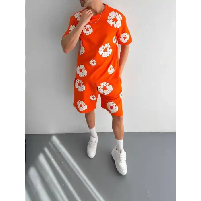 İki İplik Kumaş Baskılı T-shirt Şortlu Takım- Turuncu