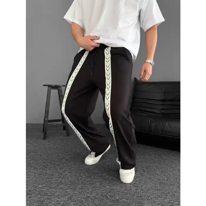 İki İplik Kumaş Şeritli Alt Esofman - Siyah