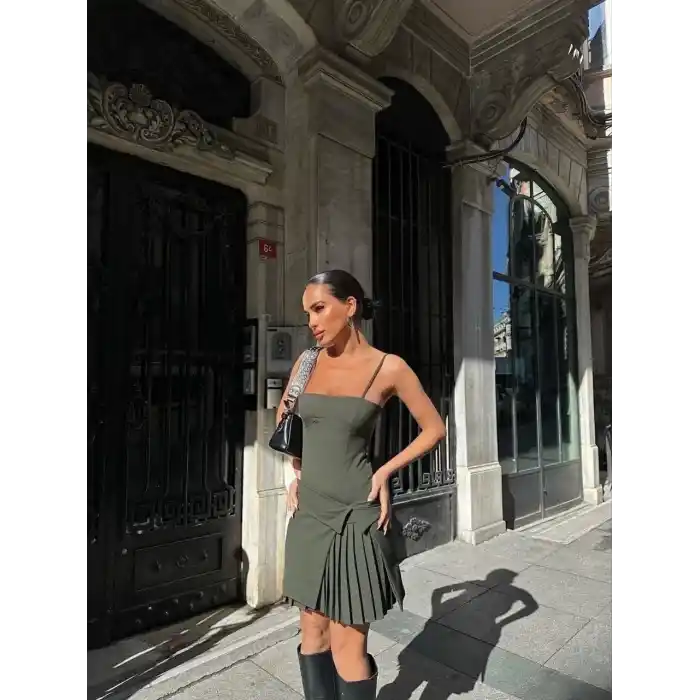 İki Parçalı Pileli Askılı Kadın Mini Elbise - Haki