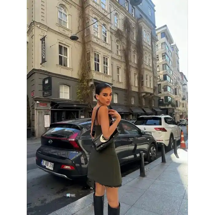 İki Parçalı Pileli Askılı Kadın Mini Elbise - Haki