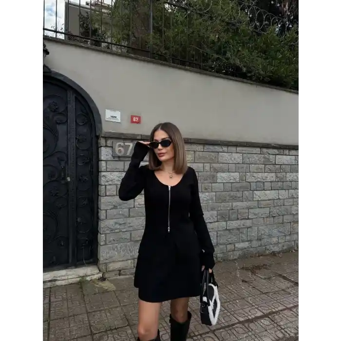 İkili Fermuarlı Hırkalı Etekli Takım - Siyah