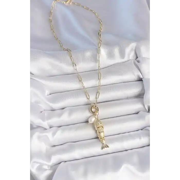 İnci Detaylı Zirkon Taşlı Balık Figürlü Gold Renk Pirinç Kolye
