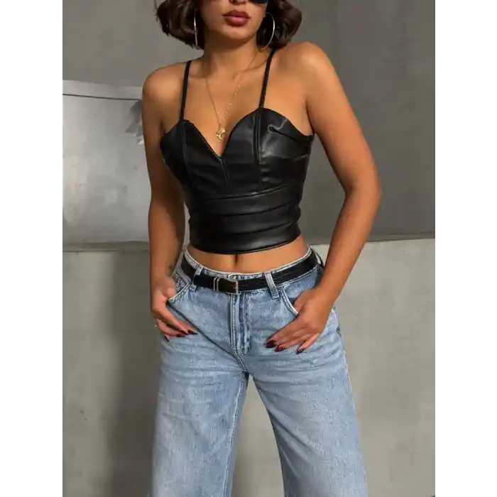 İp askılı yandan fermuarlı rastale deri crop siyah s24113