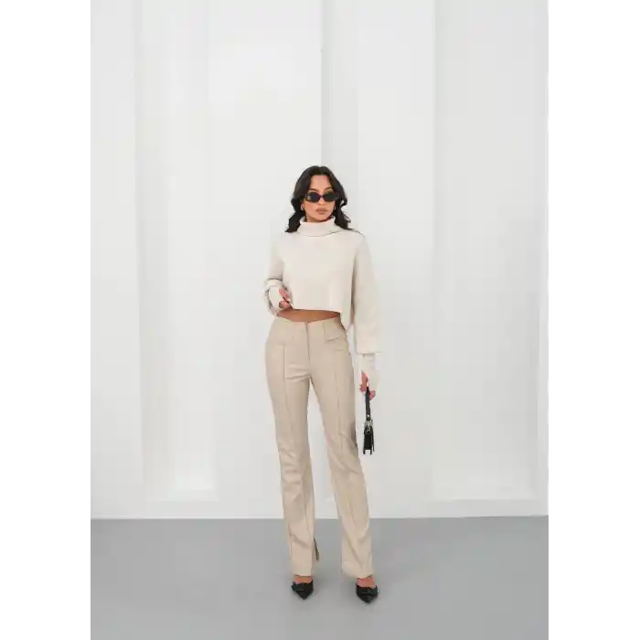 İspanyol yırtmaçlı paça deri pantolon bej hn