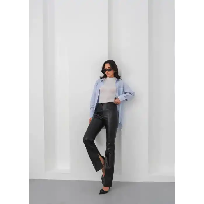 İspanyol yırtmaçlı paça deri pantolon siyah hn