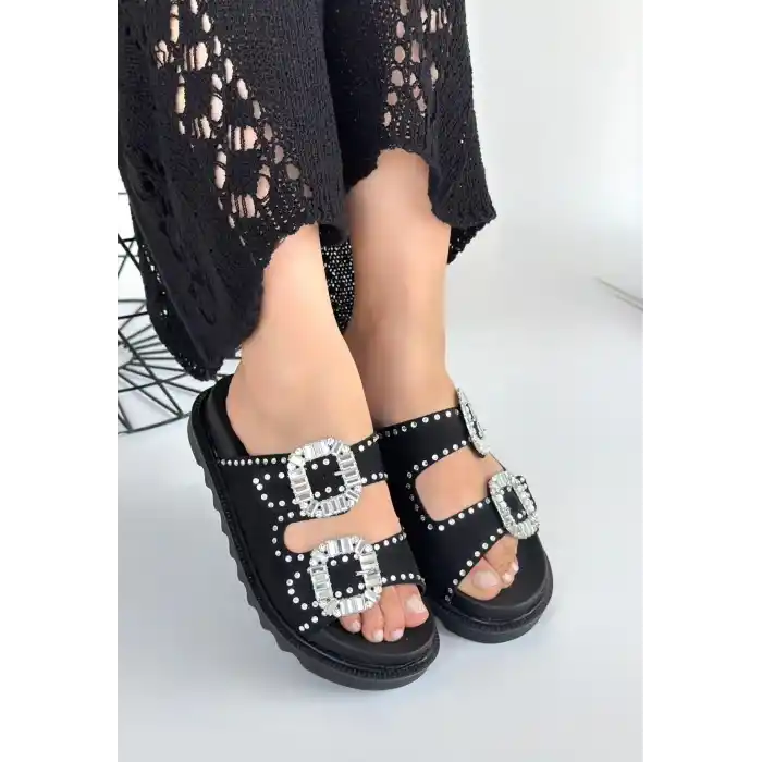 Juana Siyah Nubuk  Taşlı Terlik