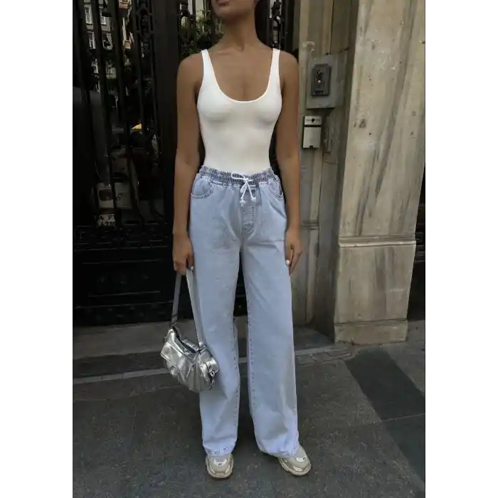 Kadın Arkadan Yırtmaçlı Jeans Kot Palazzo Pantolon - Mavi