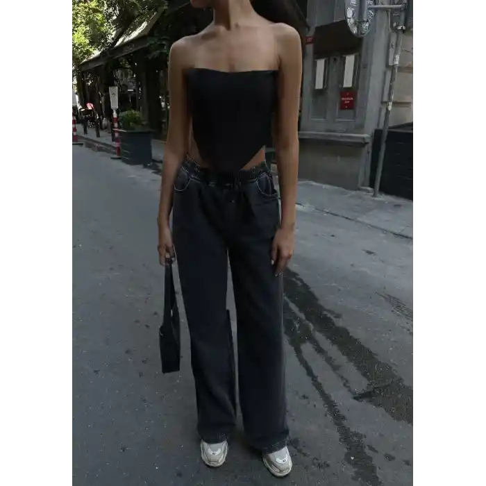 Kadın Arkadan Yırtmaçlı Jeans Kot Palazzo Pantolon - Siyah