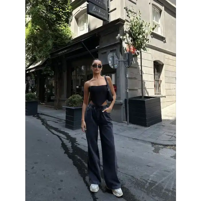 Kadın Arkadan Yırtmaçlı Jeans Kot Palazzo Pantolon - Siyah